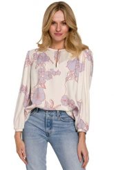 Wiskozowa Bluzka w Kwiaty z Bufiastym Rękawem - Model 3. Brązowe bluzki MOE, l, bez wzorów, z materiału, bez kołnierzyka, bez ramiączek. Za 244.90 zł.