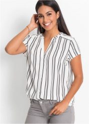Bluzka z krótkim rękawem z czystej wiskozy. Białe bluzki bonprix, bez wzorów, z wiskozy, eleganckie, bez kołnierzyka, bez ramiączek. Za 79.99 zł.