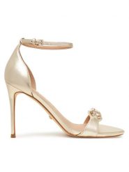 Guess Sandały FLTKAB LEM03 Złoty. Żółte sandały Guess, z aplikacjami, ze skóry, bez obcasa, na szpilce, bez zapięcia. Za 539.99 zł.