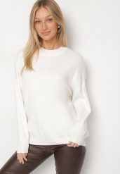 Biały Gładki Sweter z Rękawami Typu Nietoperz Ralanevia. Białe swetry Born2be, l, bez wzorów, biznesowe, bez ramiączek. Za 79.99 zł.