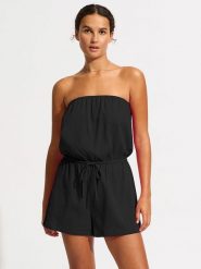 Seafolly Kombinezon w kolorze czarnym rozmiar: M. Czarne kombinezony Seafolly, m, bez wzorów, z bawełny, bez kołnierzyka, bez ramiączek. Za 127.35 zł.