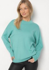 Zielony Gładki Sweter z Rękawami Typu Nietoperz Ralanevia. Zielone swetry Born2be, l, bez wzorów, biznesowe, bez ramiączek. Za 79.99 zł.