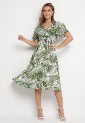 Ciemnozielona Kopertowa Sukienka z Bawełną o Rozkloszowanym Kroju z Paskiem Aulinea. Zielone sukienki Born2be, na co dzień, l, bez wzorów, z bawełny, eleganckie, bez kołnierzyka, bez ramiączek, midi, kopertowe. Za 79.99 zł.