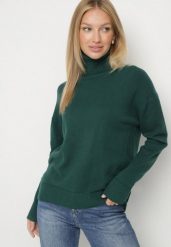 Zielony Golf z Domieszką Kaszmiru Ozdobiony Przeszyciami Avonella. Zielone swetry Born2be, z aplikacjami, z kaszmiru, klasyczne, bez ramiączek. Za 109.99 zł.