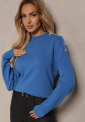 Niebieski Sweter z Półgolfem Wiskozą i Modalem Ozdobiona Guzikami Emmitana. Niebieskie swetry Renee, m, bez wzorów, z jeansu, casualowe, bez ramiączek. W wyprzedaży za 63.99 zł.