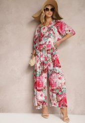 Różowo-Biały Wiskozowy Kombinezon w Stylu Boho z Gumkami w Pasie i Wiązaniem Sunilla. Czerwone kombinezony Renee, l, bez wzorów, z materiału, boho, bez kołnierzyka, bez ramiączek. W wyprzedaży za 63.99 zł.