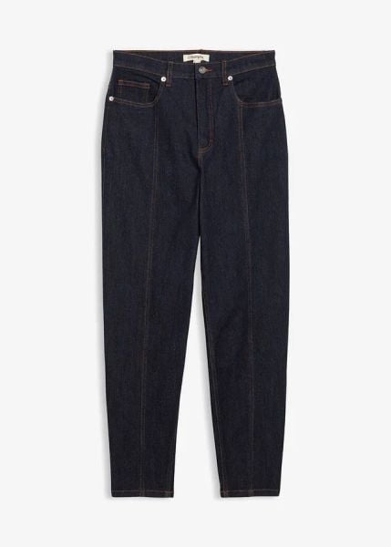 Dżinsy Mom, high waist, ze stretchem. Niebieskie jeansy bonprix, bez wzorów, z jeansu, z podwyższonym stanem. Za 129.99 zł.