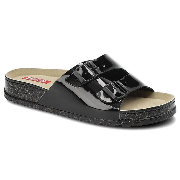 Czarne Klapki Big Star Wygodne Skórzane Buty. Czarne klapki BIG STAR, bez wzorów, z lakierowanej skóry, eleganckie, bez obcasa, bez zapięcia. Za 119.00 zł.