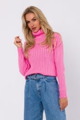 Sweter z Golfem o Prążkowanym Splocie - Różowy. Czerwone swetry MOE, l, bez wzorów, z materiału, bez ramiączek. Za 220.90 zł.