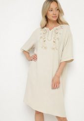 Jasnobeżowa Sukienka Pudełkowa z Guzikami i Ozdobnymi Haftami Jenivanea. Brązowe sukienki Born2be, na co dzień, l, z aplikacjami, eleganckie, bez kołnierzyka, bez ramiączek, midi. Za 119.99 zł.