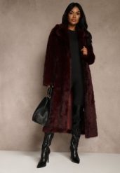 Bordowy Płaszcz Futerko o Jednorzędowym Fasonie Cataris. Czerwone płaszcze Renee, l, bez wzorów, z futra, eleganckie, bez kaptura. Za 289.99 zł.