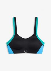 Biustonosz sportowy wyściełany o średnim stopniu podtrzymywania. Czarne biustonosze sportowe bonprix, bez wzorów. Za 37.99 zł.