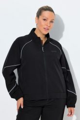 Damskie Funkcyjna kurtka treningowa stójka 2-kierunkowy zamek błyskawiczny. Czarne kurtki Ulla Popken, plus size, bez wzorów, z materiału, bez kaptura. Za 349.99 zł.