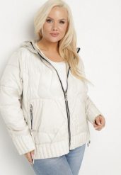 Biała Kurtka Dwustronna z Kapturem i Ozdobnym Pikowaniem Helritis. Białe kurtki Born2be, plus size, bez wzorów, z jeansu, eleganckie, z kapturem. Za 219.99 zł.