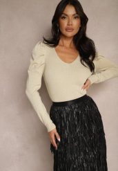 Jasnobeżowy Sweter z Wiskozą Ozdobiony Bufiastymi Rękawami i Metaliczną Nicią Sanarelle. Brązowe swetry Renee, l, bez wzorów, z dzianiny, casualowe, bez ramiączek. W wyprzedaży za 87.99 zł.