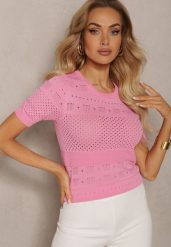 Różowa Klasyczna Bluzka w Ażurowy Wzór Lidakra. Czerwone bluzki Renee, xs, w ażurowe wzory, z jeansu, eleganckie, bez kołnierzyka, bez ramiączek. W wyprzedaży za 55.99 zł.