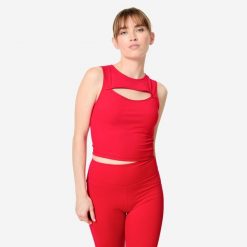 Koszulka fitness damska Domyos bez rękawów. Czerwone t-shirty sportowe DOMYOS, l, bez wzorów, z elastanu, bez ramiączek, na fitness i siłownię. Za 49.99 zł.