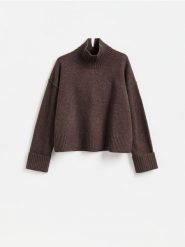 Wełniany sweter - ciemnobrązowy. Brązowe swetry Reserved, l, bez wzorów, z dzianiny, bez ramiączek. Za 259.99 zł.