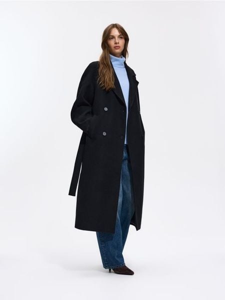 Dwurzędowy płaszcz oversize - czarny. Czarne płaszcze Reserved, l, bez wzorów, z tkaniny, bez kaptura. Za 299.99 zł.