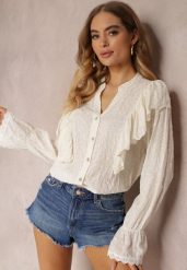 Beżowa Haftowana Koszula z Wiskozy z Falbankami i Ozdobnymi Mankietami Maybre. Brązowe koszule Renee, bez wzorów, z wiskozy, eleganckie, bez kołnierzyka, bez ramiączek. W wyprzedaży za 104.99 zł.