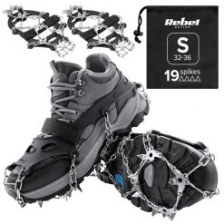 Raczki z kolcami nakładki na buty turystyczne rozmiar S 32-36 REBEL. Szare buty trekkingowe REBEL ACTIVE, bez wzorów, z materiału, bez zapięcia, trekkingowe. Za 49.00 zł.