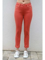 Bleu d'Azur Dżinsy "Palms" - Skinny fit - w kolorze pomarańczowym rozmiar: 42. Pomarańczowe jeansy Bleu d'Azur, z aplikacjami, ze skóry, klasyczne, z standardowym stanem. Za 180.49 zł.