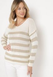 Jasnobeżowy Sweter w Paski z Trójkątnym Dekoltem i Długim Rękawem Oviunna. Brązowe swetry Born2be, bez wzorów, z jeansu, eleganckie, bez ramiączek. W wyprzedaży za 63.74 zł.