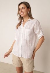 Biała Bawełniana Koszula w Paski z Regulacją przy Rękawach Cecalin. Białe koszule Born2be, m, bez wzorów, z bawełny, eleganckie, bez kołnierzyka, bez ramiączek. Za 79.99 zł.