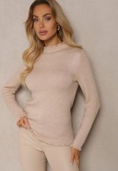 Ciemnobeżowy Sweter z Wełną przy Dekolcie Ozdobiony Falbanką Seatoria. Brązowe swetry Renee, z aplikacjami, z jeansu, casualowe, bez ramiączek. W wyprzedaży za 71.99 zł.