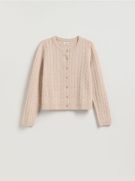 Wełniany kardigan - beżowy. Brązowe swetry Reserved, l, bez wzorów, z wełny, bez ramiączek. Za 239.99 zł.