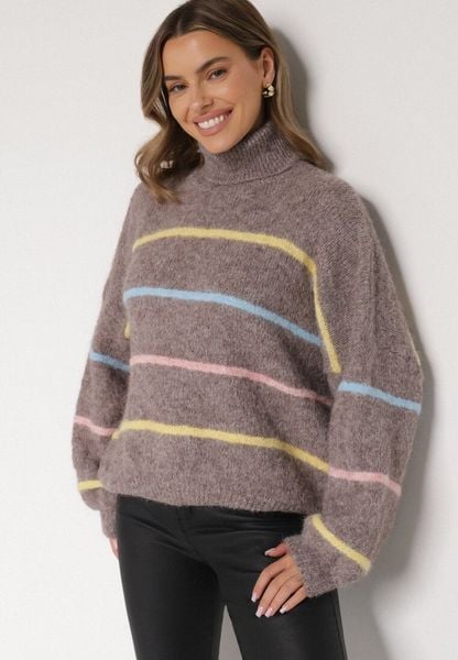 Beżowy Golf z Wełną Ozdobiony Paskami Reisorria. Brązowe swetry Born2be, uniwersalny, bez wzorów, z jeansu, bez ramiączek. Za 159.99 zł.