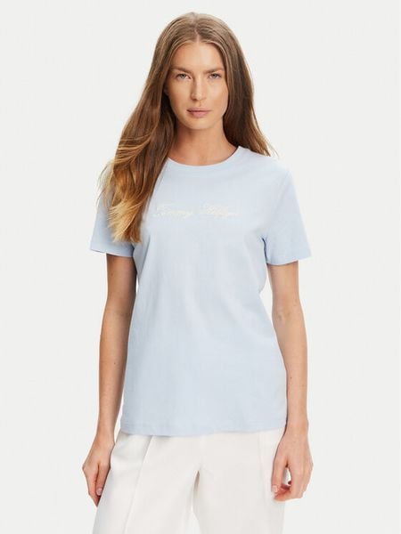 Tommy Hilfiger T-Shirt Script WW0WW45746 Błękitny Regular Fit. Niebieskie t-shirty Tommy Hilfiger, l, bez wzorów, z bawełny, bez kołnierzyka, bez ramiączek. Za 99.99 zł.