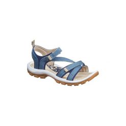 Sandały turystyczne NH120 skórzane damskie. Niebieskie sandały QUECHUA, bez wzorów, z gumy, bez obcasa, bez zapięcia. Za 129.99 zł.