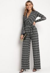 Czarny Elegancki Kombinezon z Geometrycznym Wzorem i Wiązanym Paskiem Alullina. Czarne sukienki Born2be, l, bez wzorów, z dzianiny, eleganckie, bez kołnierzyka, bez ramiączek. W wyprzedaży za 135.99 zł.