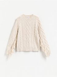 Sweter z frędzlami - beżowy. Brązowe swetry Reserved, l, bez wzorów, z dzianiny, bez ramiączek. Za 179.99 zł.