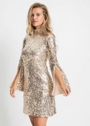 Sukienka z cekinami i rozkloszowanymi rękawami. Żółte sukienki bonprix, na imprezę, bez wzorów, bez kołnierzyka, bez ramiączek, rozkloszowane. Za 209.99 zł.