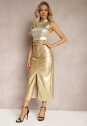 Złota Ołówkowa Spódnica Maxi z Ekoskóry i Paskiem Evell. Żółte spódnice Renee, m, z aplikacjami, eleganckie, maxi, ołówkowe. W wyprzedaży za 143.99 zł.