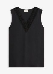 Top z koronką. Czarne topy bonprix, bez wzorów, z koronki, eleganckie, bez kołnierzyka, bez ramiączek. Za 54.99 zł.