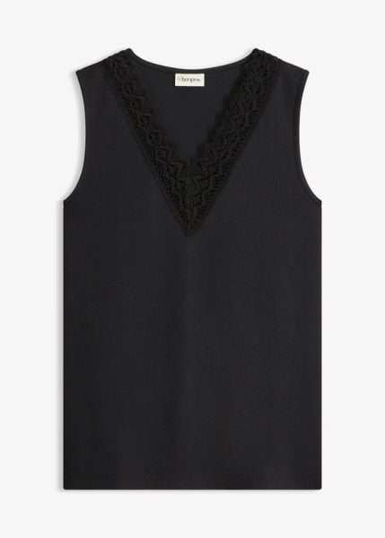 Top z koronką. Czarne topy bonprix, bez wzorów, z koronki, eleganckie, bez kołnierzyka, bez ramiączek. Za 54.99 zł.