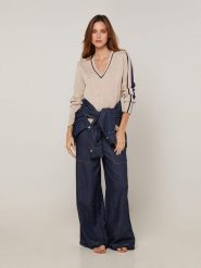 Rodier Sweter w kolorze beżowo-granatowym rozmiar: XL. Brązowe swetry Rodier, xl, bez wzorów, klasyczne, bez ramiączek. Za 205.45 zł.