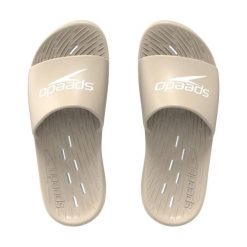 Klapki basenowe antypoślizgowe damskie Speedo Slides. Brązowe klapki Speedo, bez wzorów, z materiału, bez obcasa, bez zapięcia. Za 79.99 zł.