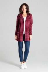 Bordowy Niezapinany Sweter w Paski z Kapturem. Czerwone swetry Katrus, m, bez wzorów, z elastanu, bez ramiączek. Za 219.00 zł.