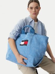 Tommy Jeans Torebka Wavy Flag Canvas Tote Bag AW0AW18466 Niebieski. Niebieskie shopper bag Tommy Jeans, bez wzorów, z jeansu, bez dodatków. Za 266.99 zł.