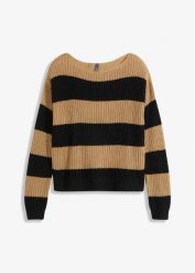 Sweter w paski. Brązowe swetry bonprix, bez wzorów, bez ramiączek. Za 89.99 zł.