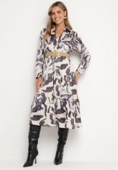Beżowo-Szara Kopertowa Sukienka w Abstrakcyjny Wzór z Gumką w Talii i Paskiem Zinnitaria. Brązowe sukienki Born2be, na spotkanie biznesowe, l, bez wzorów, z jeansu, klasyczne, bez kołnierzyka, bez ramiączek, kopertowe. Za 74.99 zł.