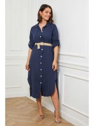 Curvy Lady Lniana sukienka w kolorze granatowym rozmiar: 44/46. Niebieskie sukienki Curvy Lady, bez wzorów, ze lnu, klasyczne, bez kołnierzyka, bez ramiączek, maxi. Za 138.21 zł.