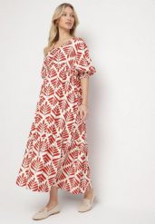 Czerwona Rozkloszowana Sukienka z Wiskozą z Motywem Roślinnym Loredia. Czerwone sukienki Born2be, na co dzień, l, bez wzorów, z jeansu, eleganckie, bez kołnierzyka, bez ramiączek, maxi, rozkloszowane. Za 159.99 zł.