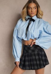 Niebieska Bufiasta Koszula z Bawełny w Stylu Retro z Ozdobną Kokardą Frulla. Niebieskie koszule Renee, bez wzorów, z bawełny, retro, bez kołnierzyka, bez ramiączek. W wyprzedaży za 111.99 zł.