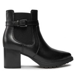 Botki Tamaris. Czarne botki Tamaris, bez wzorów, bez obcasa, na słupku, bez zapięcia. Za 249.99 zł.