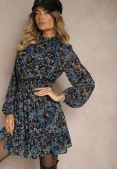 Czarno-Niebieska Rozkloszowana Sukienka w Kwiaty z Gumką w Pasie Ozdobione Falbanką Mirige. Czarne sukienki Renee, l, bez wzorów, z materiału, bez kołnierzyka, bez ramiączek, mini, rozkloszowane. W wyprzedaży za 118.99 zł.